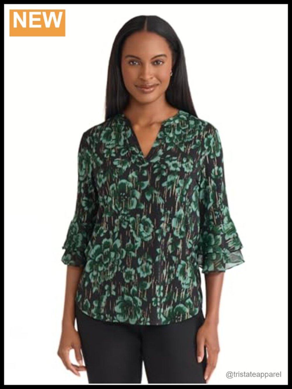 3/4 Sleeve Flutter Sleeve Tie Neck Blouse Women's Classic Fit
